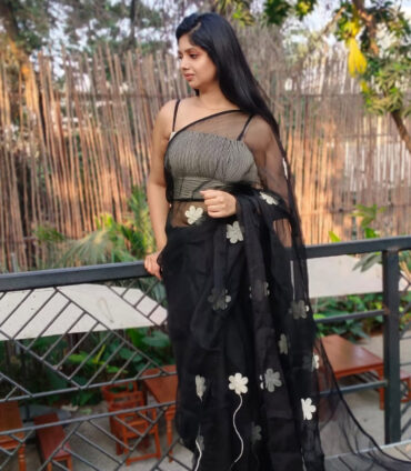 Soft glam event makeup paired with elegant saree styling and flawless hairstyle in Hyderabad by Makeover by Farhaa